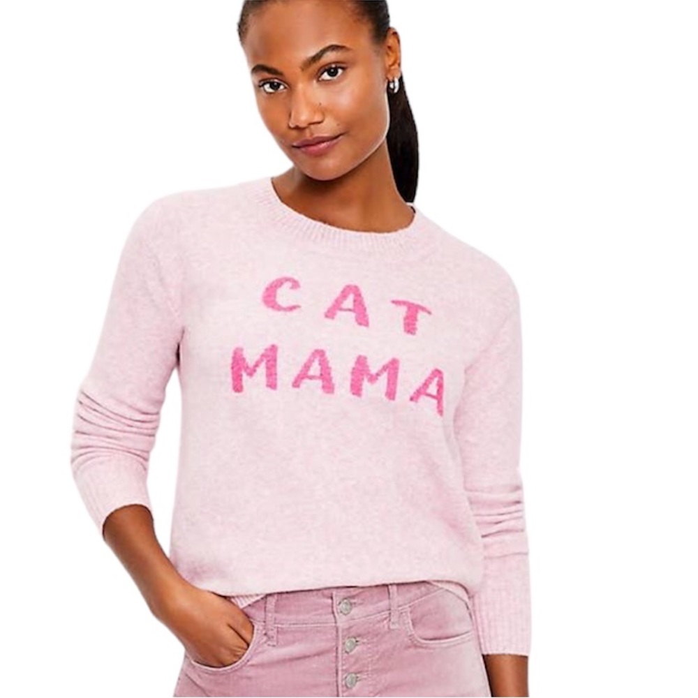 LOFT  Cat Momma wool blend sweater. 
Marled pink w/ pink lettering. NWT. SIZE:XL